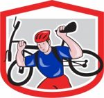 Cyclist Carrying Mountain Bike On Shoulders Cartoon Stock Photo