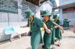 Student 9-10 Years Old, Scout In Adventure Activities, Scout Camp In Bangkok Thailand Stock Photo