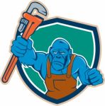 Angry Gorilla Plumber Monkey Wrench Shield Cartoon Stock Photo