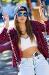 Fashion Portrait Of Beautiful Girl In The City Stock Photo