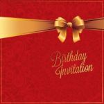 Happy Birthday  Red Color Card And Gold Ribbon Design Stock Photo