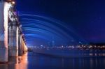 Rainbow Fountain Show At Banpo Bridge In Seoul, South Korea Stock Photo