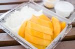 Tropical Dessert Box Of Sweet Mango And Sticky Rice Stock Photo