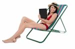 Smiling Bikini Model Promoting Tablet Pc Stock Photo