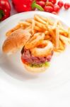 Classic Hamburger Sandwich And Fries Stock Photo