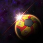 Spain Flag On 3d Football With Rising Sun Stock Photo