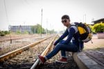 Tourists Man Are Enjoying The Train Station Stock Photo