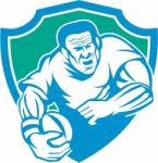 Rugby Player Running Ball Shield Linocut Stock Photo