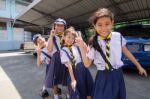 Student 9-10 Years Old, Scout In Adventure Activities, Scout Camp School Bangkok Thailand Stock Photo