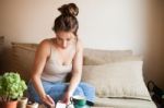 Young Woman In Caffe Stock Photo