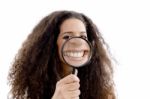 Funny Woman Showing Her Magnified Teeth Stock Photo