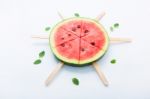 Fresh And Sweet Watermelon Slice Popsicles On White Background Stock Photo