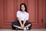 Portrait Of Thai High School Student Uniform Teen Beautiful Girl Happy And Relax, Stock Photo