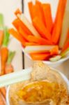 Fresh Hummus Dip With Raw Carrot And Celery Stock Photo