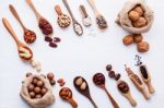 Hemp Sack Bags And Spoon Of Various Legumes And Different Kinds Stock Photo