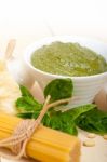 Italian Traditional Basil Pesto Pasta Ingredients Stock Photo