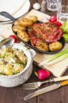 Potato Salad And Bacon Rib With Roasted Potatoes. Farmhouse Styl Stock Photo