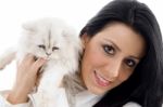 smiling lady Posing With Her cat Stock Photo