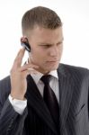 Young Man Listening Voice With Headset Stock Photo