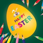 Easter Day  For Egg With Pencil Sketch On Design. Yellow Egg On Green Background Stock Photo