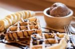 Belgian Waffles With Fruit And Chocolate, Forest Fruit, All Home Stock Photo