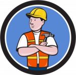 Builder Carpenter Folded Arms Hammer Circle Cartoon Stock Photo