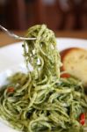 Spaghetti With Pesto Sauce Stock Photo