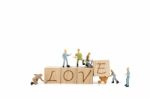 Miniature Worker Team Building Word Love On White Background Stock Photo