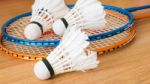 Close Up White Shuttlecock On Wooden Background Stock Photo