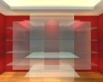 Glass Shelves In Red Empty Room Stock Photo