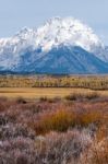 View Of The Grand Teton Mountain Range Stock Photo