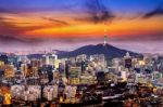 View Of Downtown Cityscape And Seoul Tower In Seoul, South Korea Stock Photo