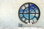 Empty Room Interior In Minimalist Decoration With Round Metal Clockwork Window Stock Photo