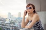 Portrait Of Thai Adult Businesswoman Beautiful Girl Calling Smart Phone Stock Photo