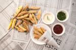 Fries French Ketchup Mayonnaise Herb Still Life Stock Photo