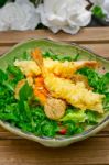 Fresh Japanese Tempura Shrimps With Salad Stock Photo