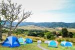 Group Of Tourist Tent On The Hills Stock Photo