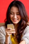 Portrait Beautiful Asian Girl Play Smart Phone Stock Photo