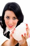 Young Woman Holding Rock In Her Hands Stock Photo