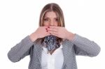 Lady Covering Her Mouth With Hands Stock Photo