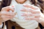 Portrait Of Young Beautiful Woman Drinking Coffee Outdoor Stock Photo