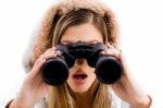 Beautiful Woman Watching With Binoculars Stock Photo