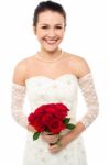 Gorgeous Pretty Bride With A Rose Bouquet Stock Photo