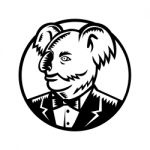 Koala Bear Wearing Tuxedo Woodcut Stock Photo