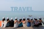 Women Friends Sit Hug Together Look Travel Blue Sea Sky Stock Photo