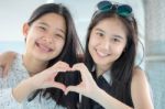 Two Asia Thai Teen Best Friends Girls Smile And Funny Stock Photo