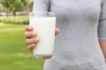 Women Hand Hold Milk In Glass Healthy Drink Lifestyle Stock Photo