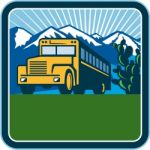 School Bus Cactus Mountains Square Retro Stock Photo