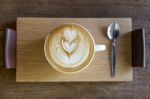 Hot Coffee Late Art On Wooden Tray Stock Photo