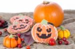 Halloween Decor Pumpkin Cookies Stock Photo